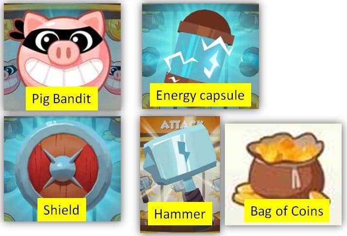 Bag of Coins Pig Bandit Hammer Shield Energy capsule